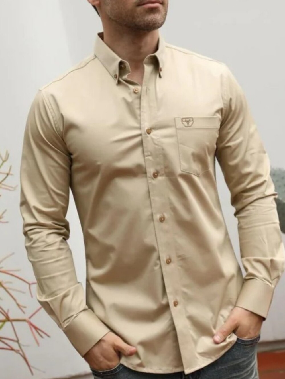 Platini Men's Modern Fit Button-Down Beige Long Sleeve Shirt
